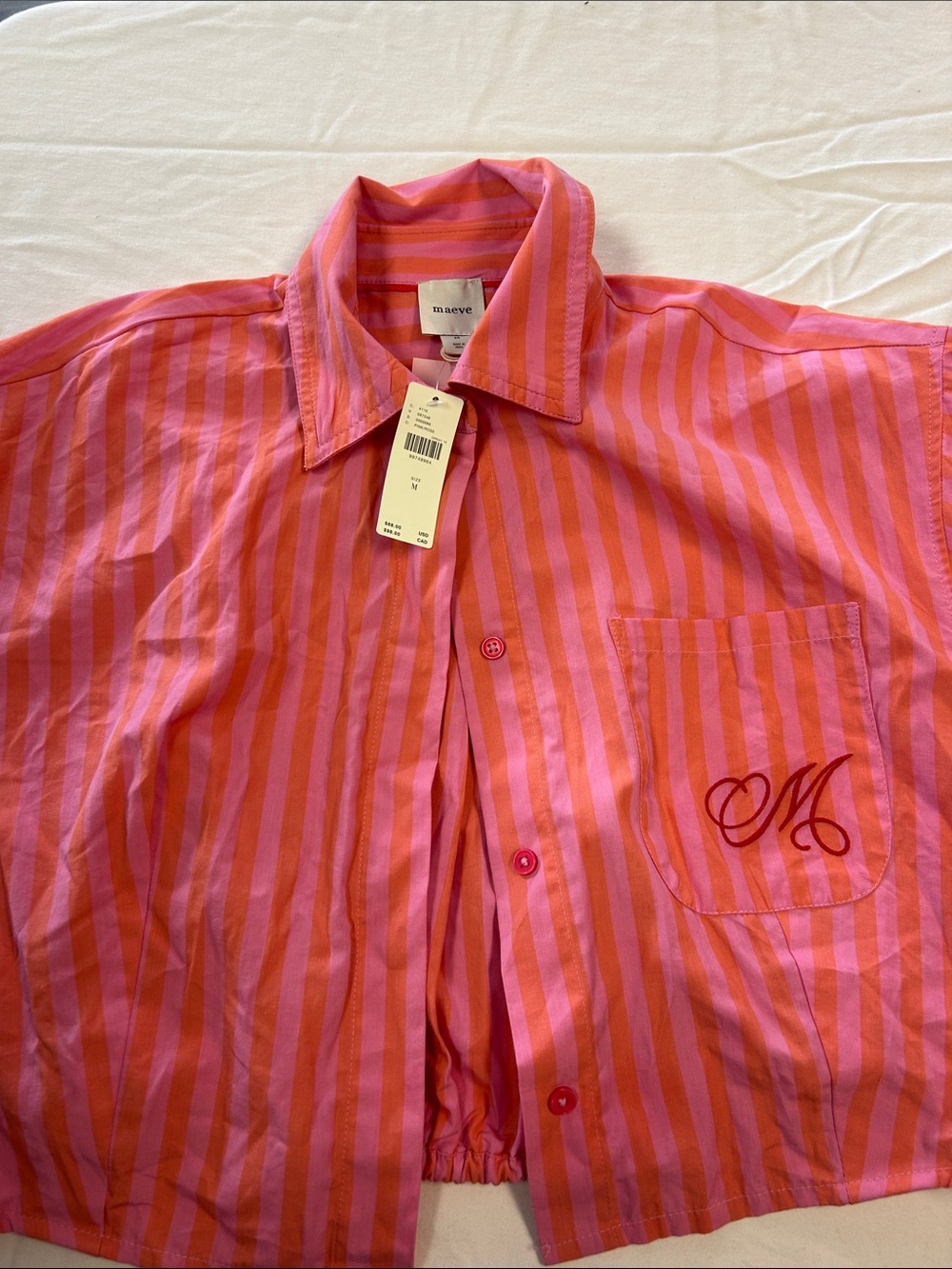 Maeve Pink & Coral Striped Button-Down Shirt with Embroidered Pocket M